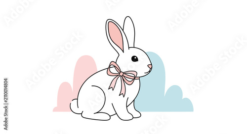 Adorable white rabbit with a pink ribbon bow around its neck sitting against a background of soft pastel colored shapes.