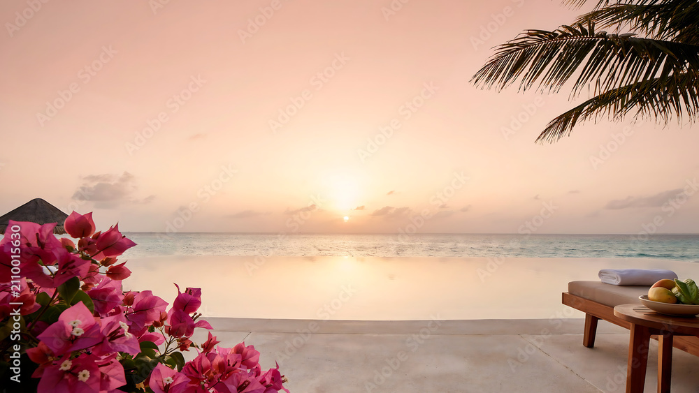 Fototapeta premium Luxury tropical infinity pool at sunset with pink flowers illustration