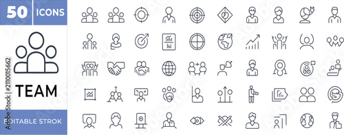 Teamwork, Collaboration and Business Strategy Outline Icons Set - Editable Stroke Vector
