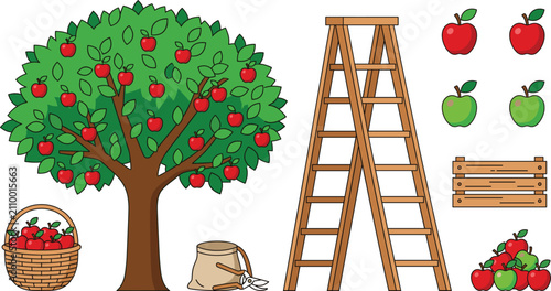 Apple Orchard Harvesting Vector Element Set Featuring Fruit Tree Stepladder Basket Crate Sac Pruning Shears Red and Green Apples