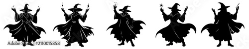 Foto Collection of black witch silhouettes in dynamic dancing and spell casting poses