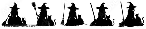 Tablou pe pânză Collection of black witch silhouettes in different poses with pointed hats, broo