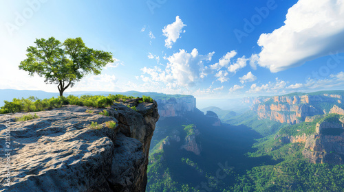 Stunning landscape featuring solitary tree on rocky cliff, overlooking vast canyon with lush greenery and dramatic mountains under bright blue sky
