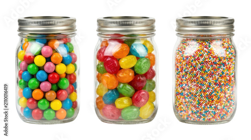 Three glass mason jars filled with colorful candies and sprinkles isolated on transparent background