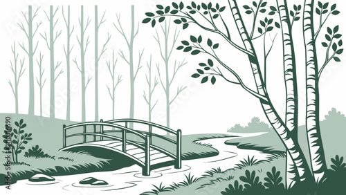 Schilderij op canvas Graphic illustration of a small wooden bridge in a forest stream with landscape