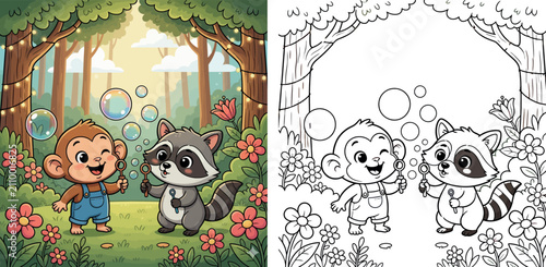 Photography Cute Cartoon Monkey and Raccoon Friends Blowing Bubbles in a Whimsical Enchanted