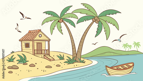Tableau sur toile Tropical beach scene with wooden cabin boat and palm trees tropical landscape