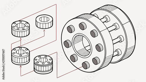 Foto Industrial bearing assembly component breakdown with industrial, mechanical
