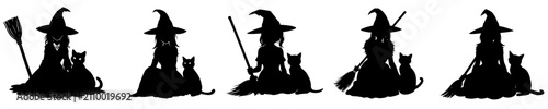 Foto Collection of black witch silhouettes in different standing and flying poses wit