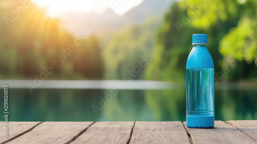 Blue plastic water bottle stands wooden surface by serene lake, surrounded by lush greenery and soft sunlight, evoking sense of freshness