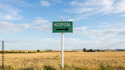 Hospital road sign in rural landscape. Directional signage pointing to medical facility.