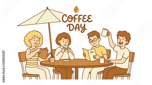 Quadro su tela Coffee Day Celebration: A cheerful group of friends enjoys coffee and conversation under a patio umbrella, celebrating International Coffee Day