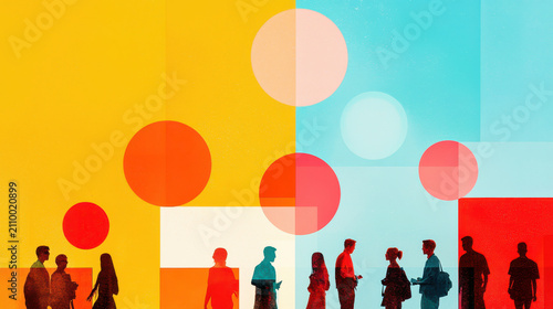 Silhouettes of people interacting against vibrant background of geometric shapes and colors, creating lively atmosphere