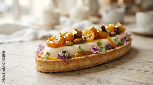 Gourmet Fruit Tart Delight: An exquisite, artisanal fruit tart, adorned with kumquats, pistachios, and edible gold leaf, rests on a rustic wooden surface, inviting a moment of pure indulgence.