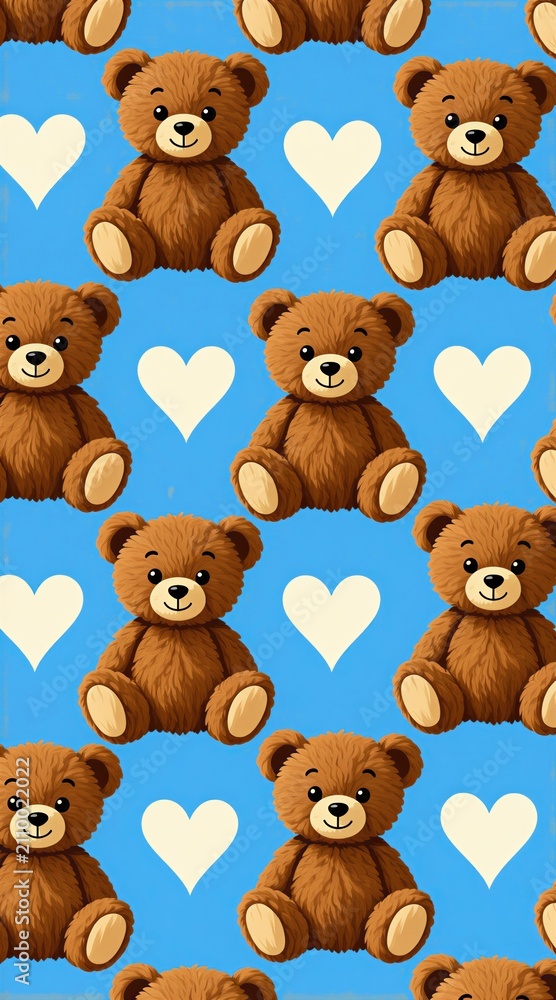 Obraz premium Cute brown teddy bears with hearts on blue background. This pattern repeats endlessly. It is a joyful textile design. Good for kids products.
