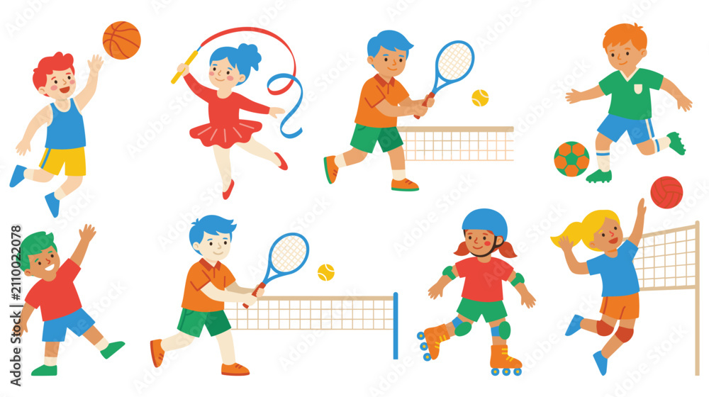 Fototapeta premium Collection of kids playing various sports activities on white background.