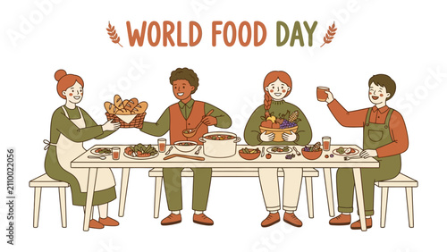 Tableau sur toile Celebration of World Food Day: A diverse group of people joyfully gathered around a table laden with abundant food, celebrating World Food Day with smiles and shared abundance