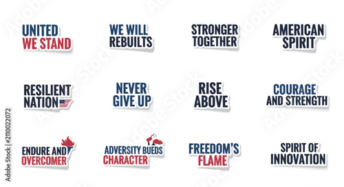 Patriotic typography collection featuring motivational slogans like united we stand and american spirit in bold blue and red colors on white background