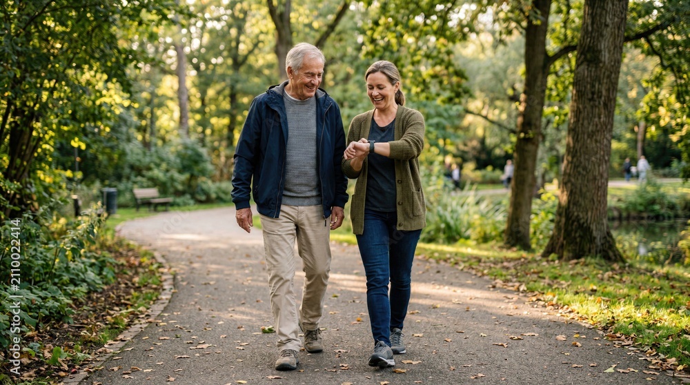 Fototapeta premium Everyday longevity habit featuring senior walking in park with adult child, smartwatch and realistic active wellness routine for preventive health.