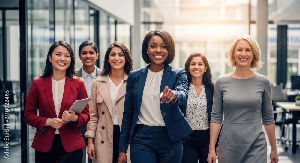 Fototapeta premium A diverse group of women walking together in an office setting.