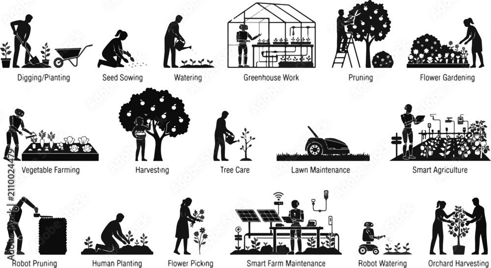 Fototapeta premium Gardening and Landscaping Silhouette Icons Set – Lawn Care, Garden Maintenance, Tree Planting and Outdoor Agriculture Vector Collection