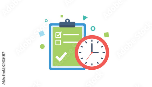 Clipboard with completed checklist next to large red clock representing time management and productivity tasks on light background.