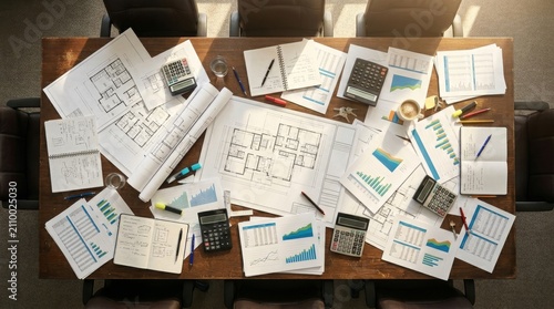 A cluttered desk is covered with blueprints, charts, calculators, and notebooks.