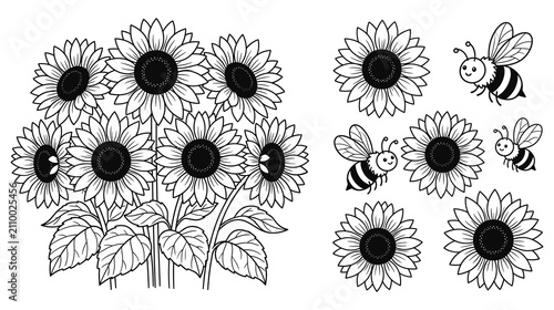 фотографія Line art sunflowers with busy bees buzzing around, black and white sketch style