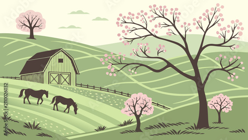 Foto Idyllic rural landscape with barn and horses in spring rural life country life