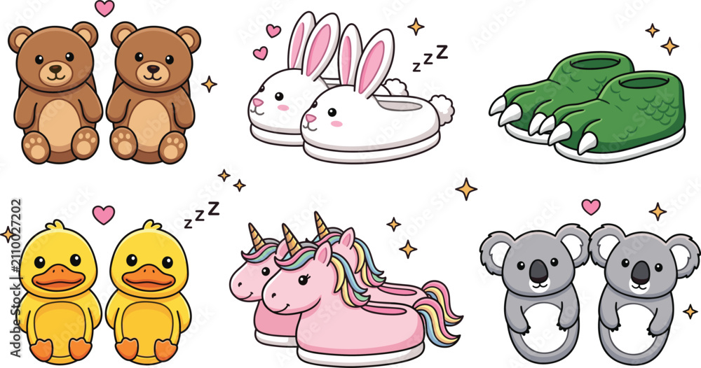 Fototapeta premium Cute Animal Slippers Sticker Vector Set Featuring Teddy Bear Bunny Rabbit Monster Claws Duck Unicorn and Koala Fluffy Indoor Winter Footwear