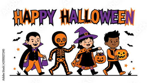 Fotografie Happy Halloween Parade: Four children in festive Halloween costumes, including a vampire, skeleton, witch, and pumpkin, march in a playful procession, holding candy buckets and pumpkins
