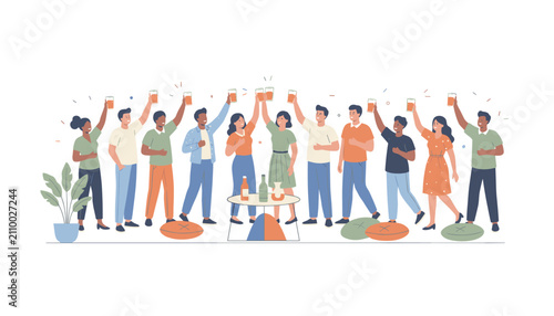 Group of diverse friends celebrating and toasting with beer glasses in social indoor gathering.