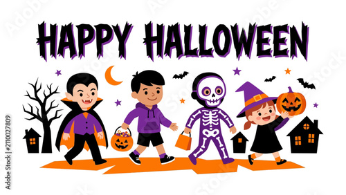 Obraz na płótnie Happy Halloween Celebration: A group of cheerful children dressed in Halloween costumes - a vampire, a skeleton, and a witch - embark on a trick-or-treating adventure
