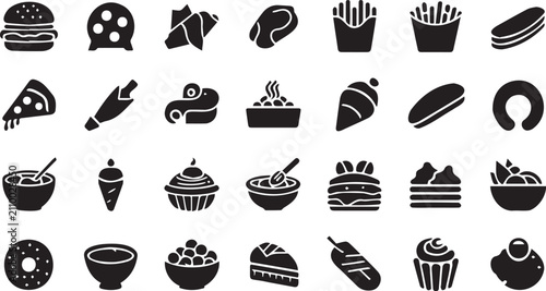 Fast food and dessert icons set. Collection of vector glyph symbols for restaurant menu.