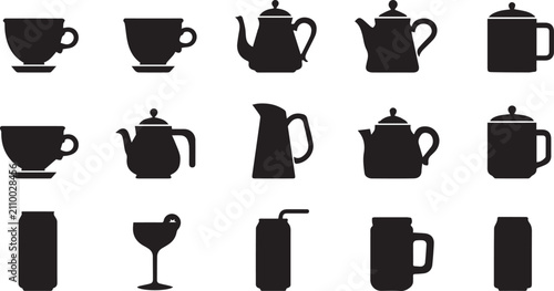 Tea and coffee drink icons. Set of beverage silhouettes for cafe menu design.