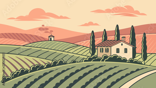 Tuscan farmhouse landscape with rolling vineyards at sunset farmhouse vineyard