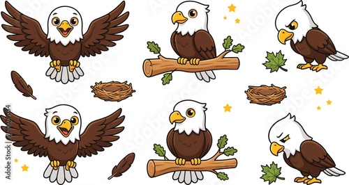Cute Cartoon Bald Eagle Character Vector Sticker Set Featuring Majestic American Eagles Flying Perching on Branches with Nests and Feathers