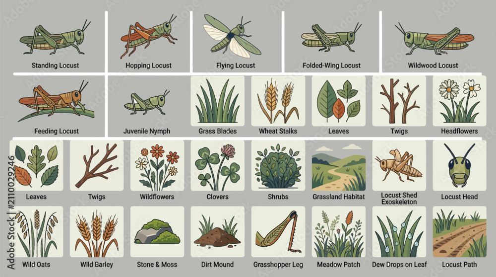 Obraz premium Detailed set of locusts and grasshoppers with grassland habitat elements and plants for nature themed graphics
