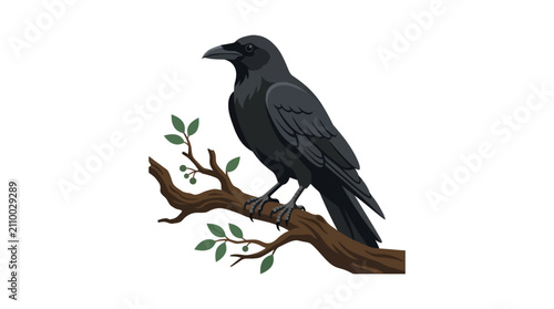 Bild auf Leinwand Black raven perched on a tree branch vector illustration, majestic crow bird wit