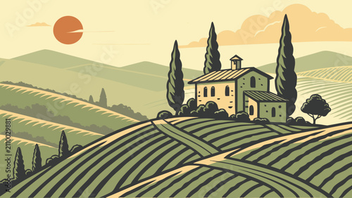 Tuscan farmhouse in vineyards at sunset with farmhouse vineyard landscape