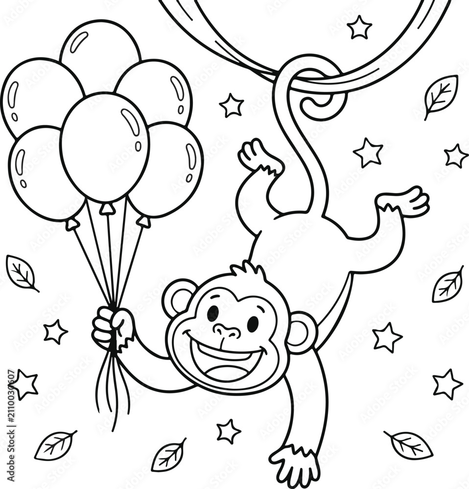 Fototapeta premium Cute monkey holding balloons coloring book design