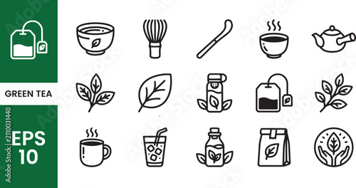 Cuadro en lienzo Green tea icons set vector illustration, hot and iced tea drinks, matcha, tea ba