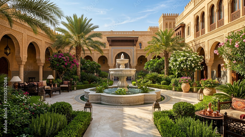 Fototapeta premium Exotic Courtyard Oasis: Moroccan Riad Arabic Architecture Fountain Palm Trees