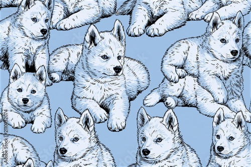Seamless 2.5D Siberian Husky Puppy Pattern