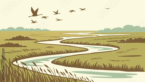 Fotografía Stylized landscape graphic of a winding river and flying migratory birds