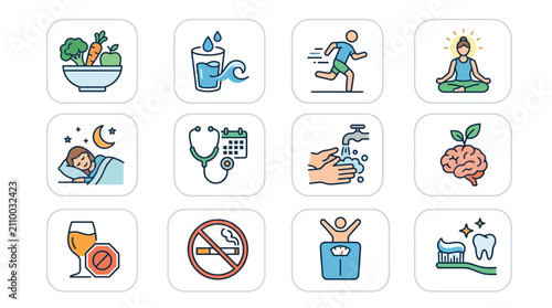 Konstfotografi Industrial Style of Healthy Lifestyle Habits with Colorful Icons and Minimalist