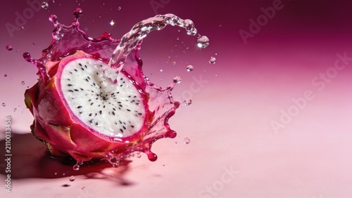 Vibrant dragon fruit bursting with refreshing water splash against pink gradient background