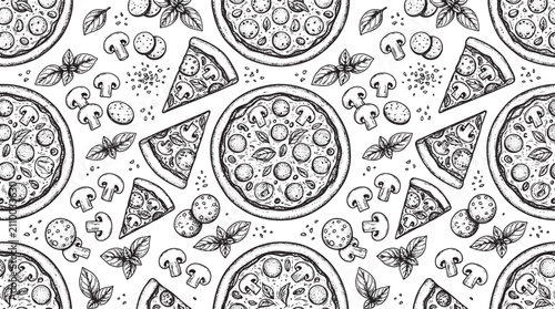 Hand drawn pizza pattern with pepperoni mushrooms and basil leaves on white background for restaurant menu design vector