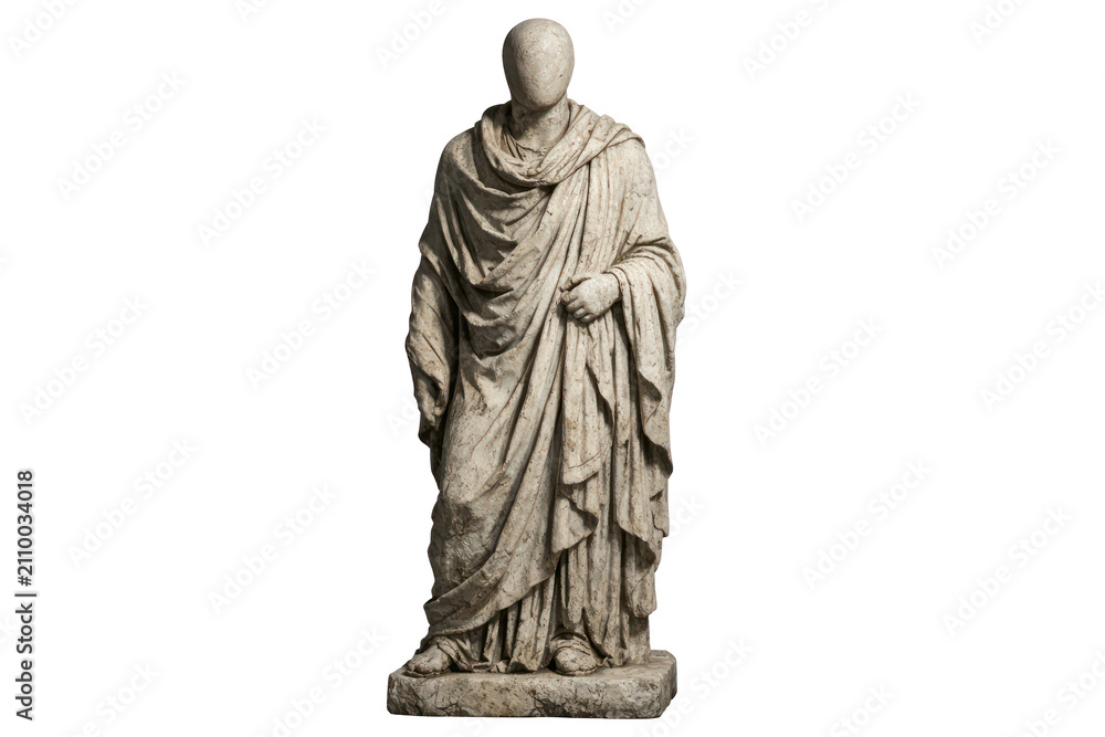 Fototapeta premium Ancient marble statue of robed man, classical Roman sculpture on pedestal, weathered stone figure for history decor isolated PNG with Transparent Background