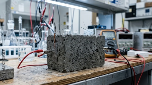 Concrete battery concept with porous cement, carbon additives, metal current collectors, and embedded electrodes in a laboratory test setup.